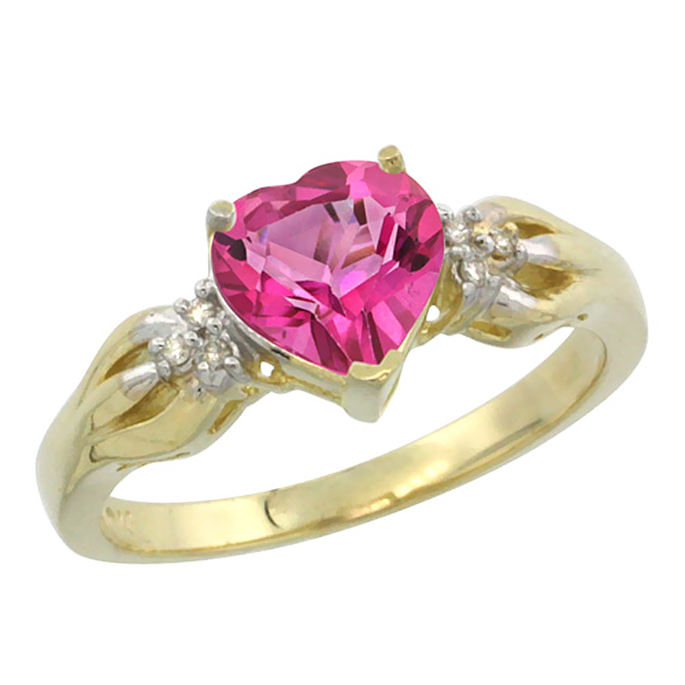 14K Yellow Gold Natural Pink Topaz Ring Heart-shape 7x7mm Diamond Accent, sizes 5-10