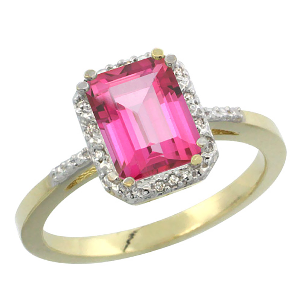 14K Yellow Gold Natural Pink Topaz Ring Emerald-shape 8x6mm Diamond Accent, sizes 5-10