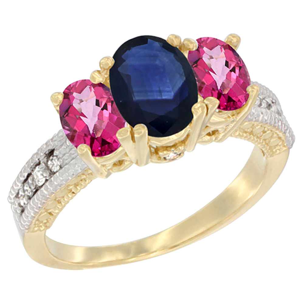 14K Yellow Gold Diamond Natural Blue Sapphire Ring Oval 3-stone with Pink Topaz, sizes 5 - 10