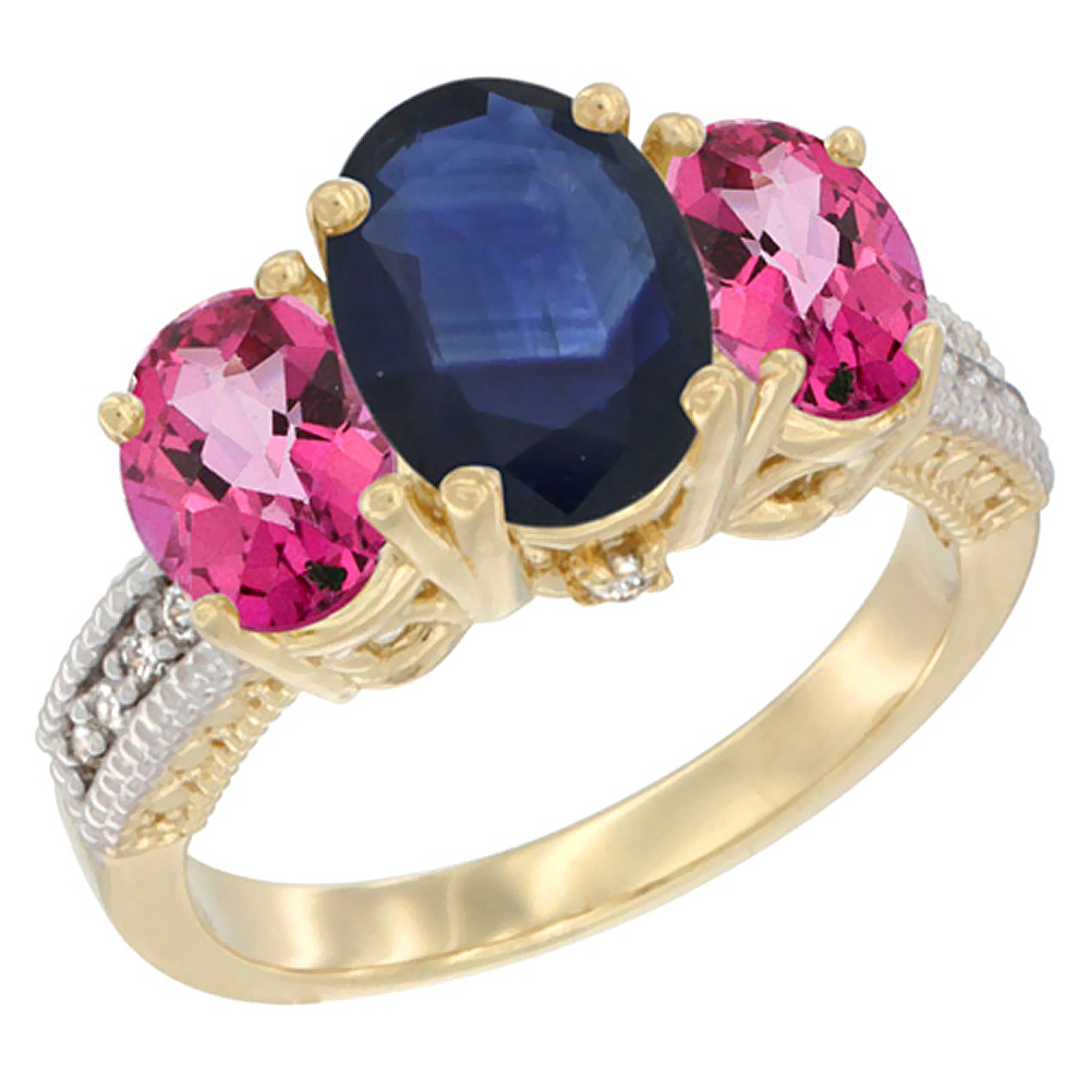 14K Yellow Gold Diamond Natural Blue Sapphire Ring 3-Stone Oval 8x6mm with Pink Topaz, sizes5-10