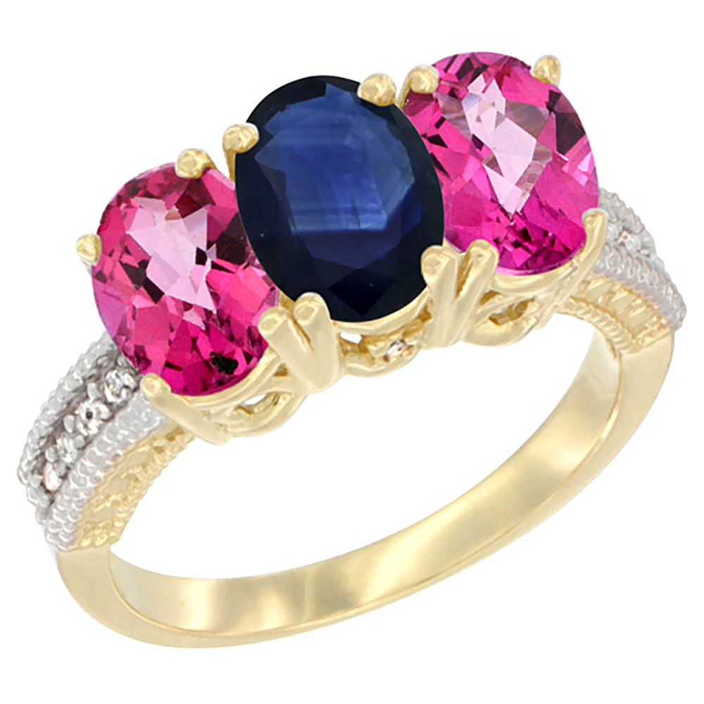 14K Yellow Gold Natural Blue Sapphire &amp; Pink Topaz Ring 3-Stone 7x5 mm Oval Diamond Accent, sizes 5 - 10