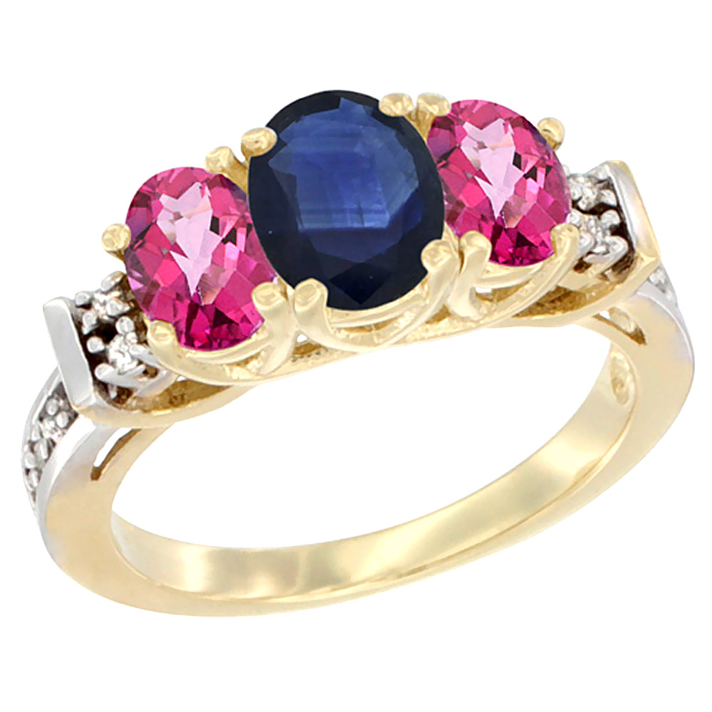 10K Yellow Gold Natural Blue Sapphire & Pink Topaz Ring 3-Stone Oval Diamond Accent