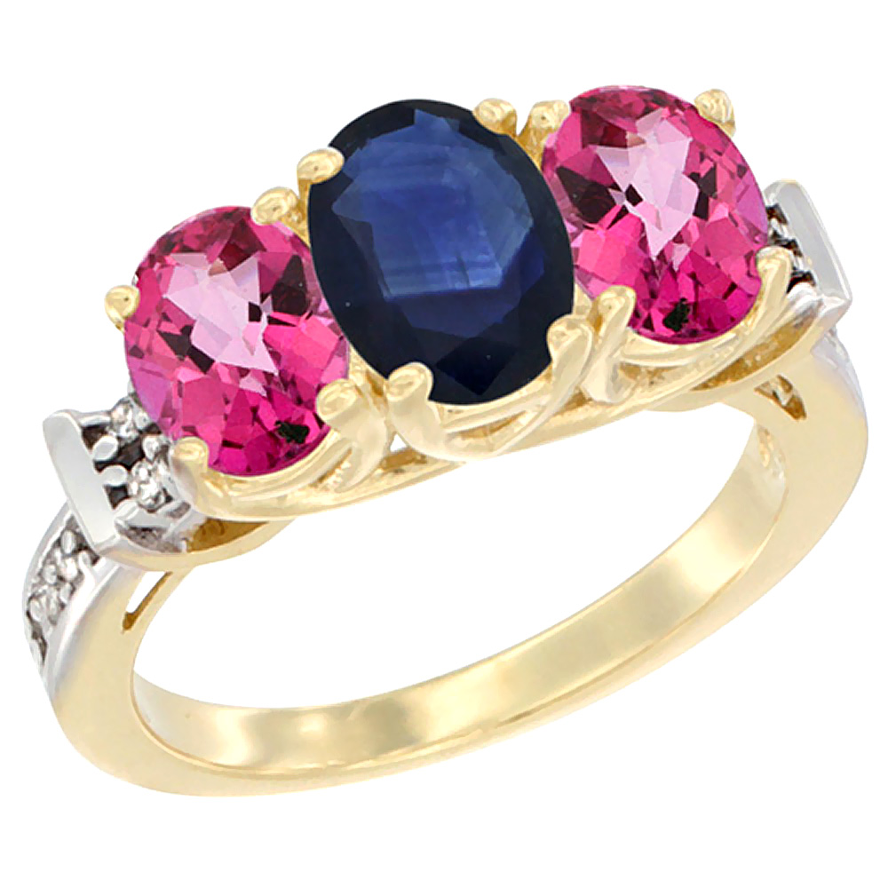 14K Yellow Gold Natural Blue Sapphire &amp; Pink Topaz Sides Ring 3-Stone Oval Diamond Accent, sizes 5 - 10