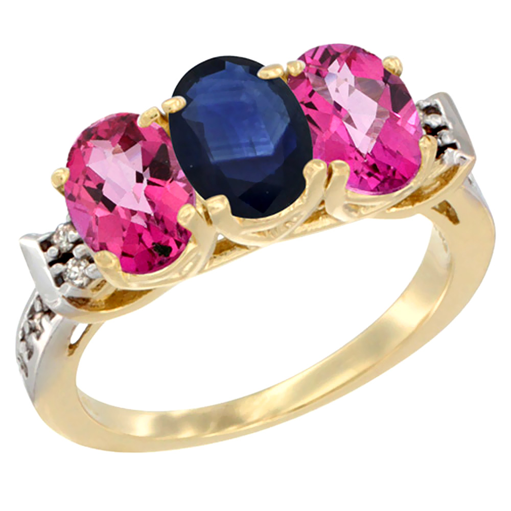 10K Yellow Gold Natural Blue Sapphire & Pink Topaz Sides Ring 3-Stone Oval 7x5 mm Diamond Accent, sizes 5 - 10