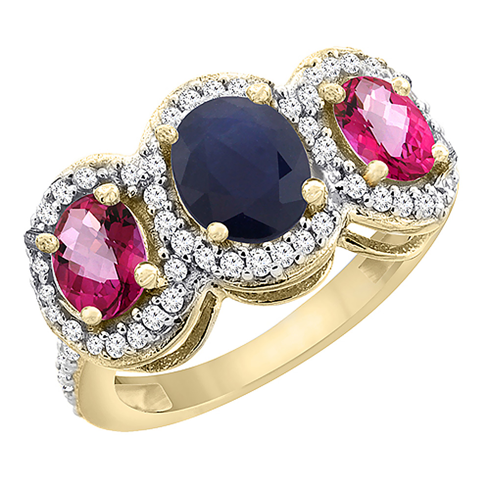 10K Yellow Gold Natural Blue Sapphire & Pink Topaz 3-Stone Ring Oval Diamond Accent, sizes 5 - 10