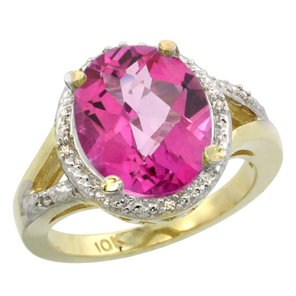 14K Yellow Gold Natural Pink Topaz Ring Oval 12x10mm Diamond Accent, sizes 5-10