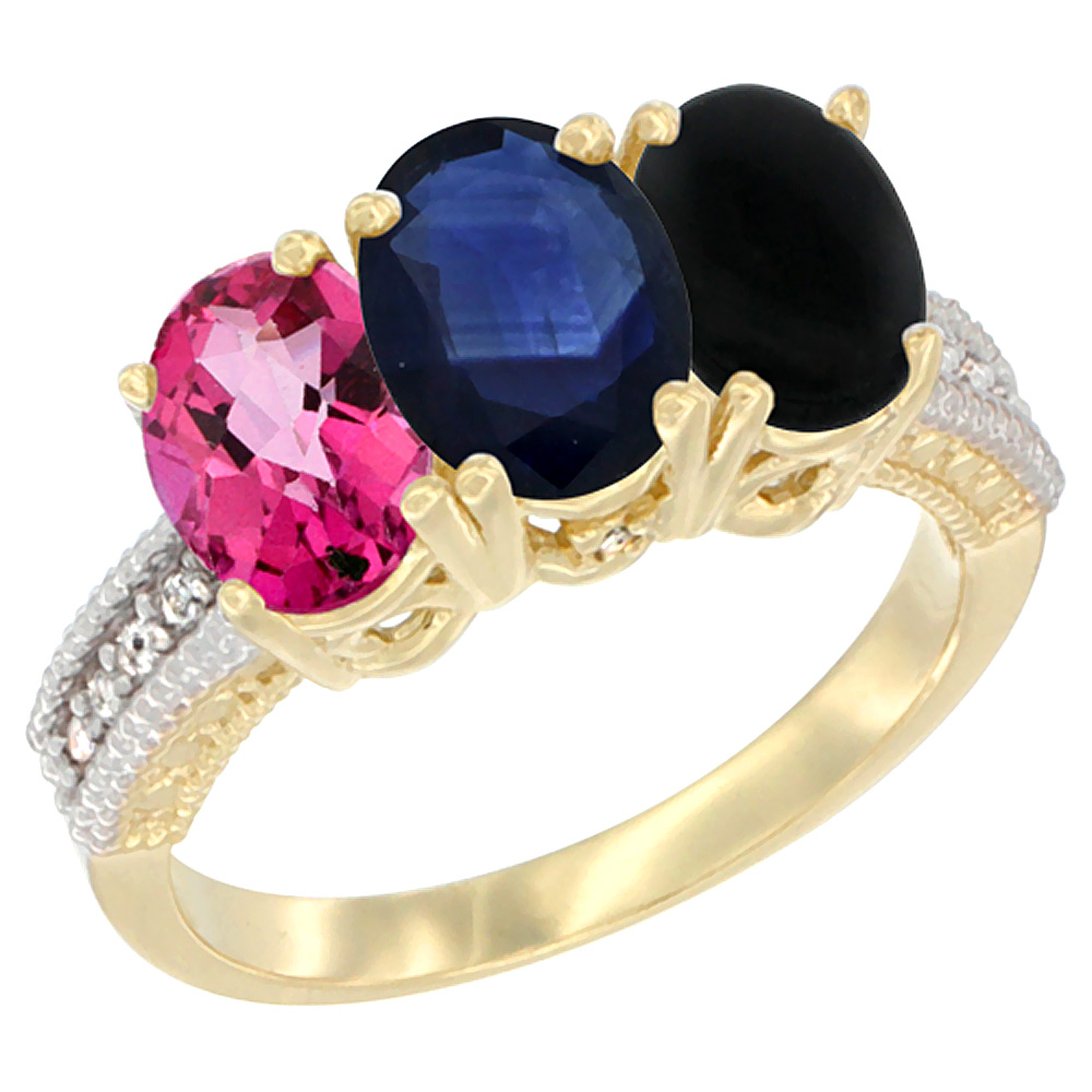 10K Yellow Gold Diamond Natural Pink Topaz, Blue Sapphire & Black Onyx Ring 3-Stone 7x5 mm Oval, sizes 5 - 10