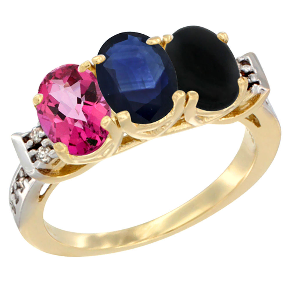 14K Yellow Gold Natural Pink Topaz, Blue Sapphire & Black Onyx Ring 3-Stone Oval 7x5 mm Diamond Accent, sizes 5 - 10