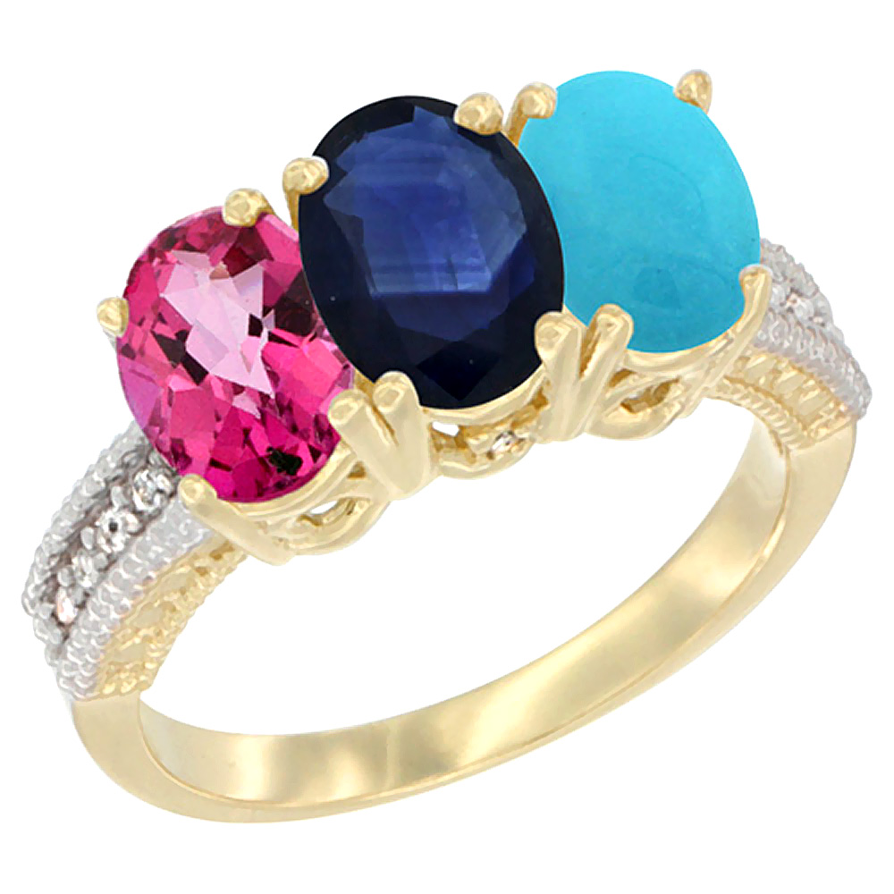 10K Yellow Gold Diamond Natural Pink Topaz, Blue Sapphire & Turquoise Ring 3-Stone 7x5 mm Oval, sizes 5 - 10