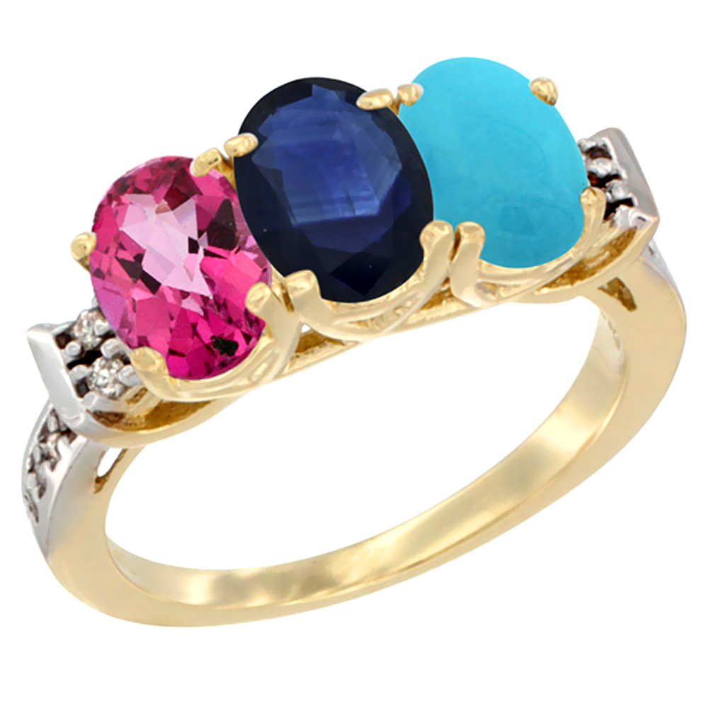 10K Yellow Gold Natural Pink Topaz, Blue Sapphire &amp; Turquoise Ring 3-Stone Oval 7x5 mm Diamond Accent, sizes 5 - 10