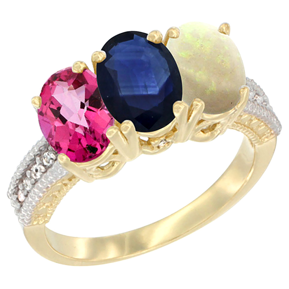 14K Yellow Gold Natural Pink Topaz, Blue Sapphire & Opal Ring 3-Stone 7x5 mm Oval Diamond Accent, sizes 5 - 10