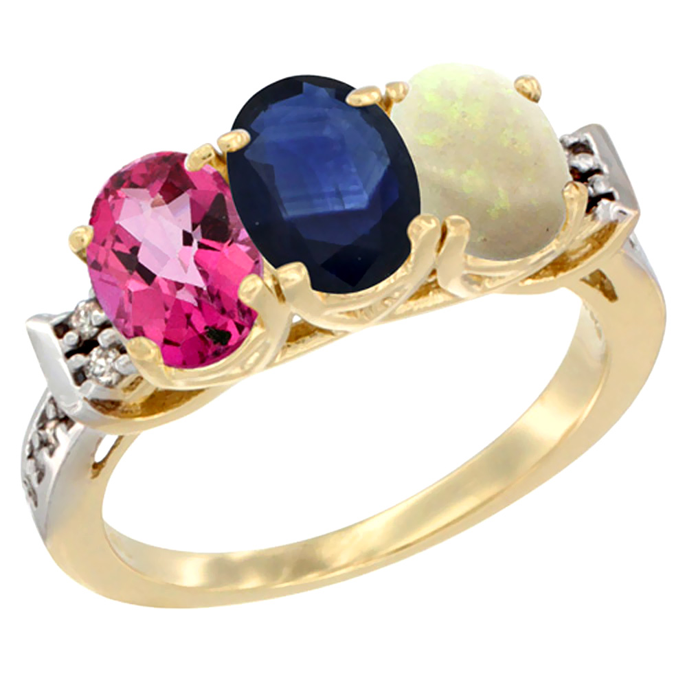 10K Yellow Gold Natural Pink Topaz, Blue Sapphire & Opal Ring 3-Stone Oval 7x5 mm Diamond Accent, sizes 5 - 10