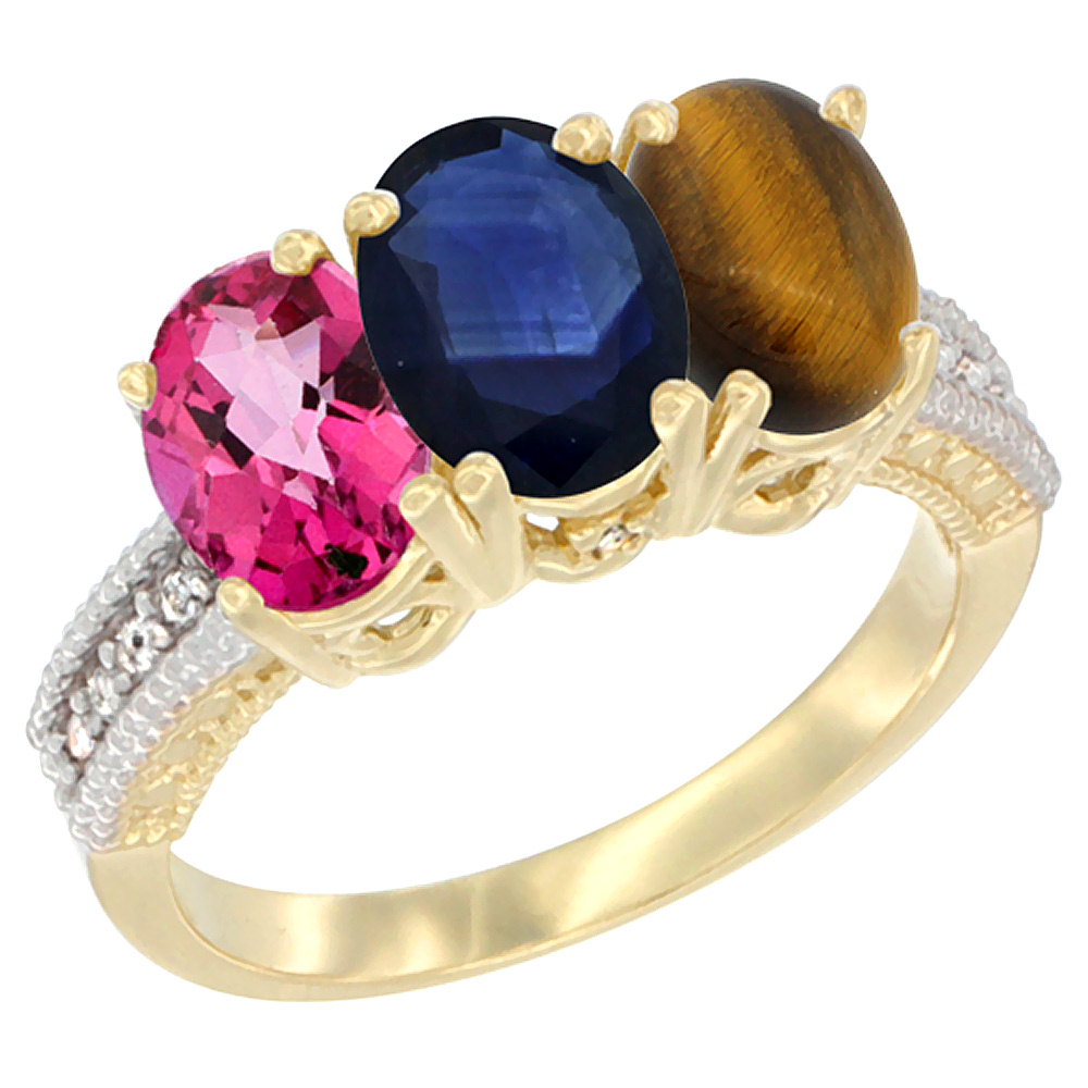 10K Yellow Gold Diamond Natural Pink Topaz, Blue Sapphire & Tiger Eye Ring 3-Stone 7x5 mm Oval, sizes 5 - 10