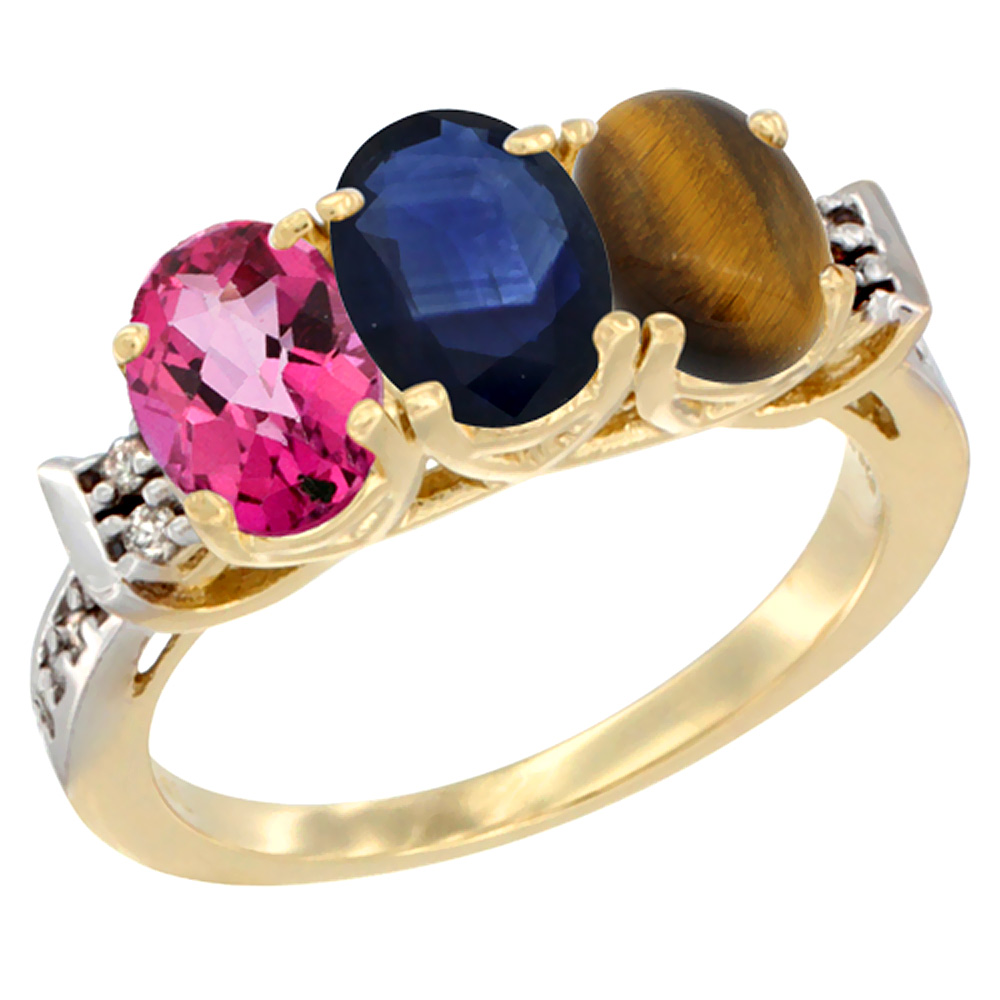 10K Yellow Gold Natural Pink Topaz, Blue Sapphire & Tiger Eye Ring 3-Stone Oval 7x5 mm Diamond Accent, sizes 5 - 10