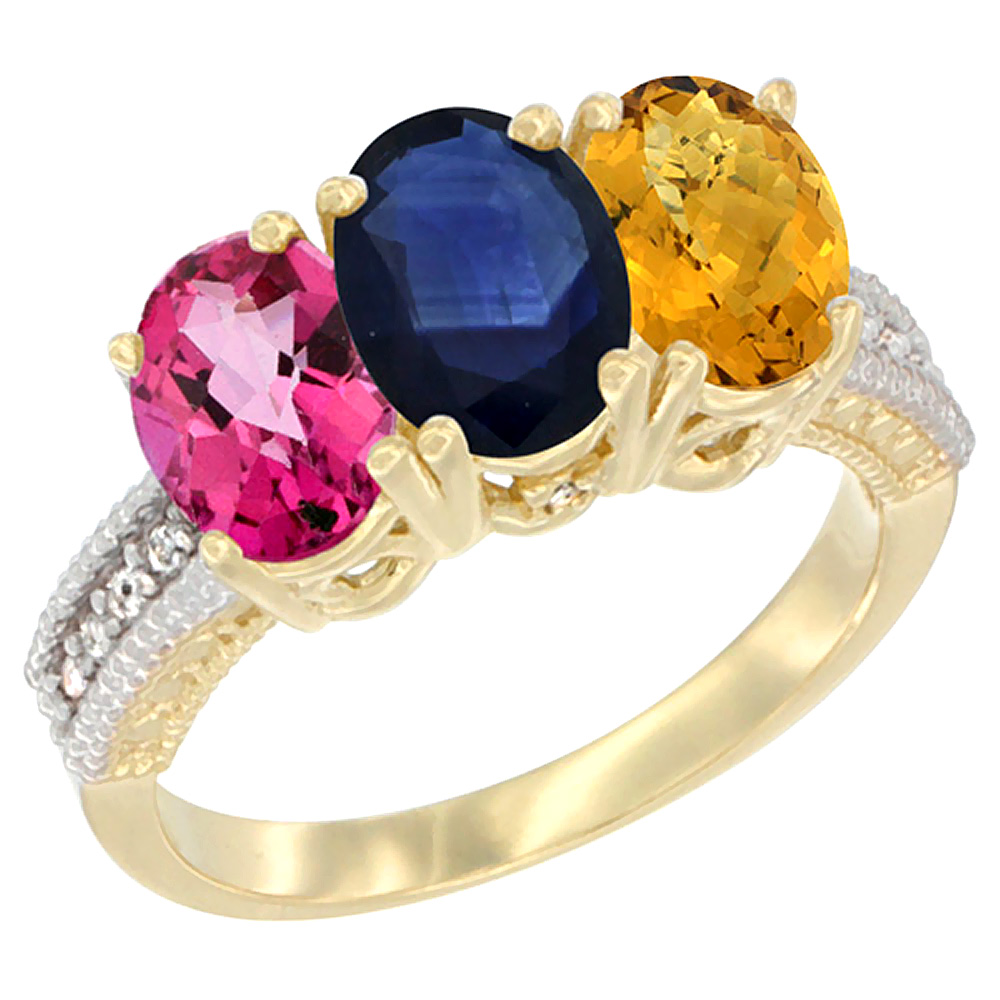 10K Yellow Gold Diamond Natural Pink Topaz, Blue Sapphire &amp; Whisky Quartz Ring 3-Stone 7x5 mm Oval, sizes 5 - 10