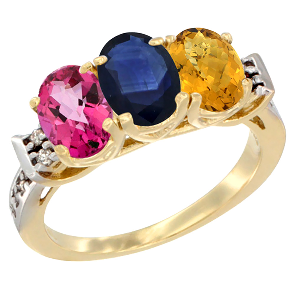 10K Yellow Gold Natural Pink Topaz, Blue Sapphire &amp; Whisky Quartz Ring 3-Stone Oval 7x5 mm Diamond Accent, sizes 5 - 10