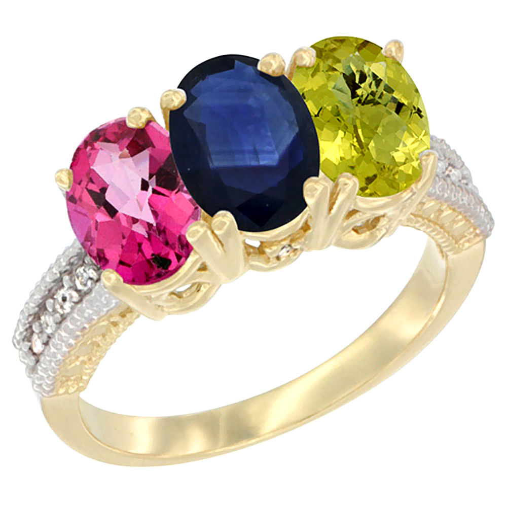 10K Yellow Gold Diamond Natural Pink Topaz, Blue Sapphire & Lemon Quartz Ring 3-Stone 7x5 mm Oval, sizes 5 - 10
