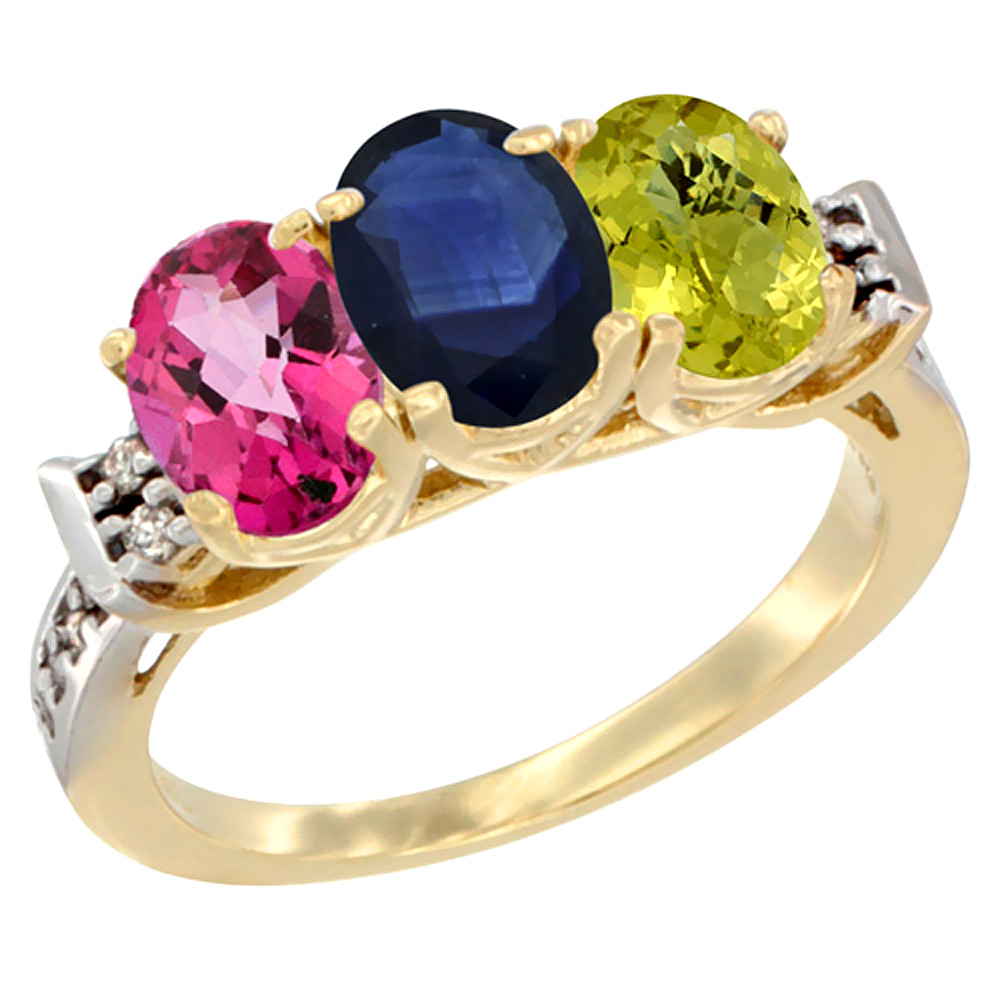 10K Yellow Gold Natural Pink Topaz, Blue Sapphire & Lemon Quartz Ring 3-Stone Oval 7x5 mm Diamond Accent, sizes 5 - 10