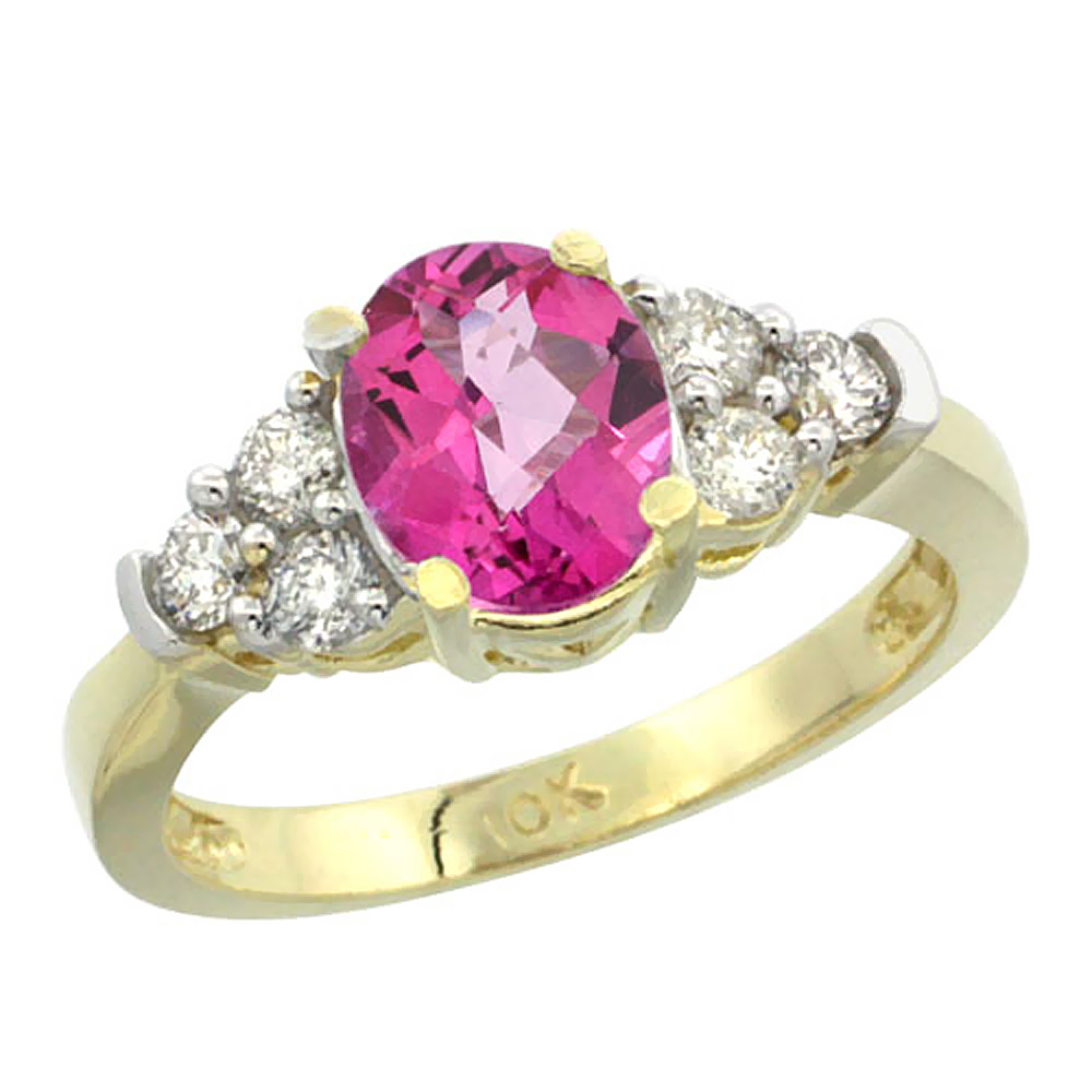 10K Yellow Gold Natural Pink Topaz Ring Oval 9x7mm Diamond Accent, sizes 5-10