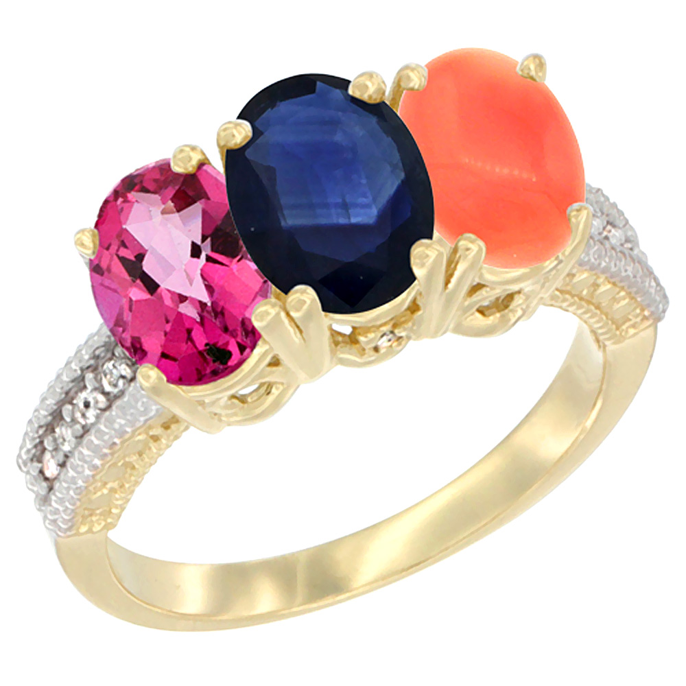 10K Yellow Gold Diamond Natural Pink Topaz, Blue Sapphire & Coral Ring 3-Stone 7x5 mm Oval, sizes 5 - 10