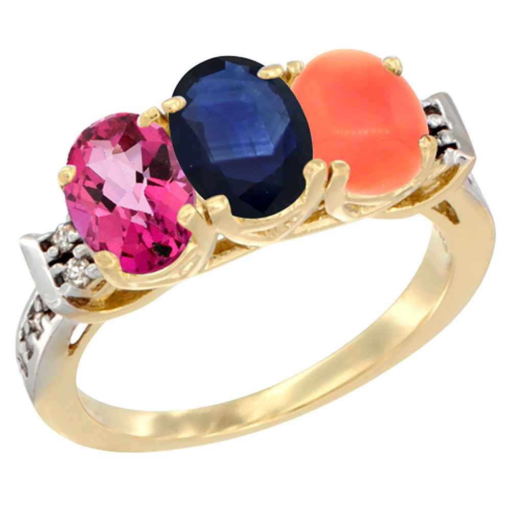 10K Yellow Gold Natural Pink Topaz, Blue Sapphire & Coral Ring 3-Stone Oval 7x5 mm Diamond Accent, sizes 5 - 10