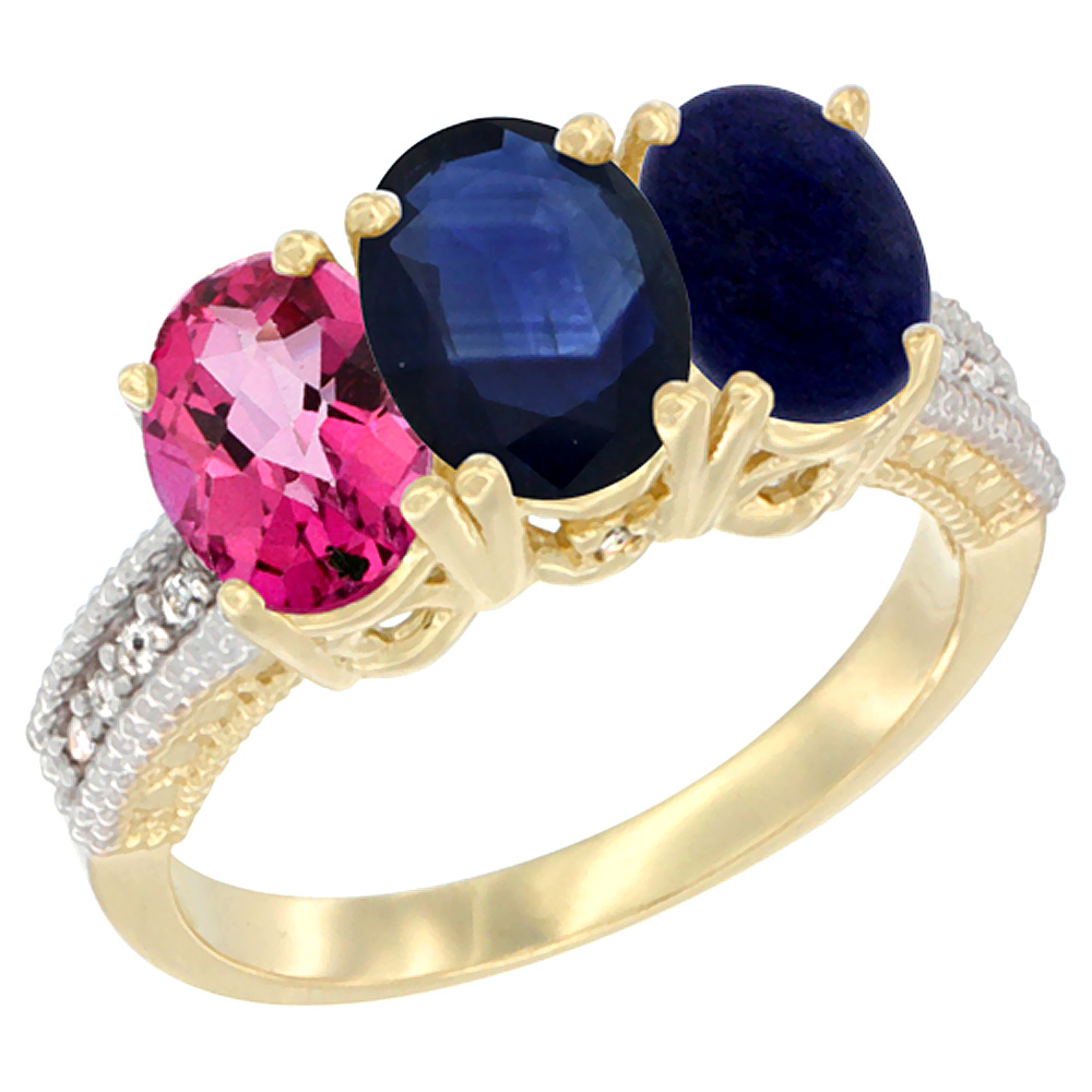 10K Yellow Gold Diamond Natural Pink Topaz, Blue Sapphire & Lapis Ring 3-Stone 7x5 mm Oval, sizes 5 - 10