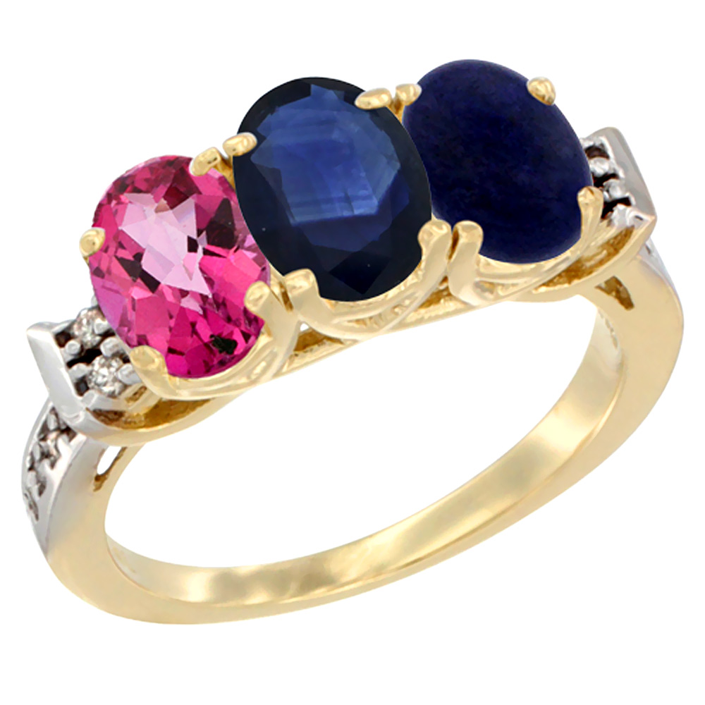 10K Yellow Gold Natural Pink Topaz, Blue Sapphire & Lapis Ring 3-Stone Oval 7x5 mm Diamond Accent, sizes 5 - 10