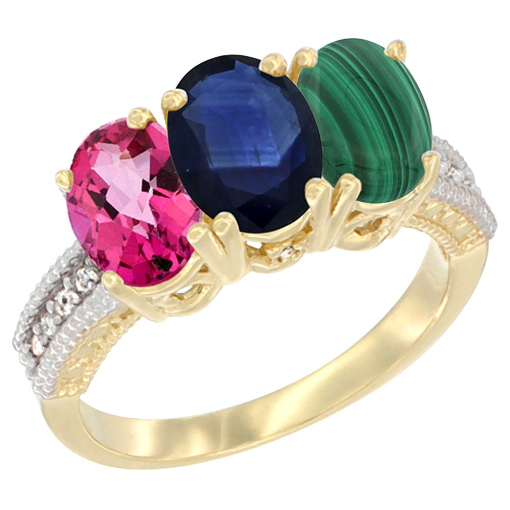 10K Yellow Gold Diamond Natural Pink Topaz, Blue Sapphire & Malachite Ring 3-Stone 7x5 mm Oval, sizes 5 - 10