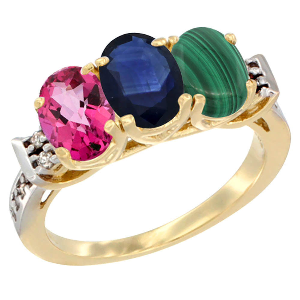 10K Yellow Gold Natural Pink Topaz, Blue Sapphire &amp; Malachite Ring 3-Stone Oval 7x5 mm Diamond Accent, sizes 5 - 10