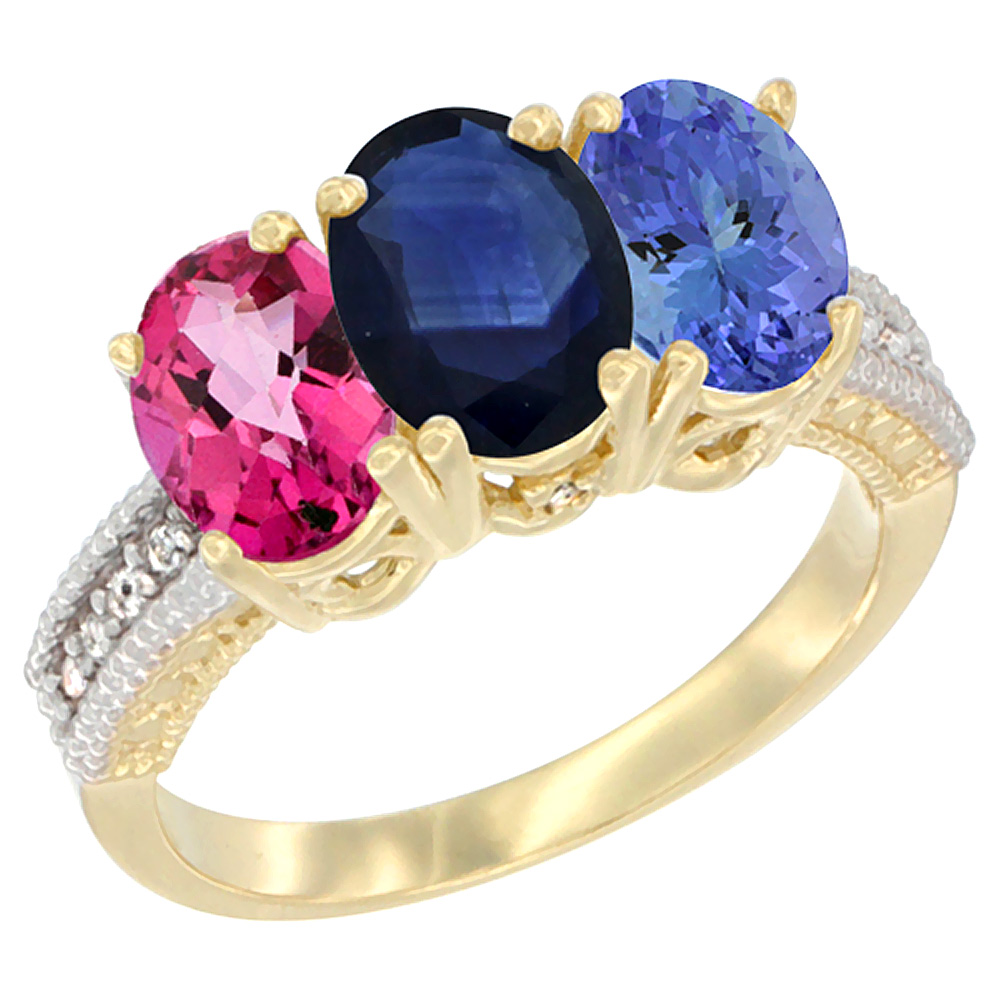 14K Yellow Gold Natural Pink Topaz, Blue Sapphire &amp; Tanzanite Ring 3-Stone 7x5 mm Oval Diamond Accent, sizes 5 - 10
