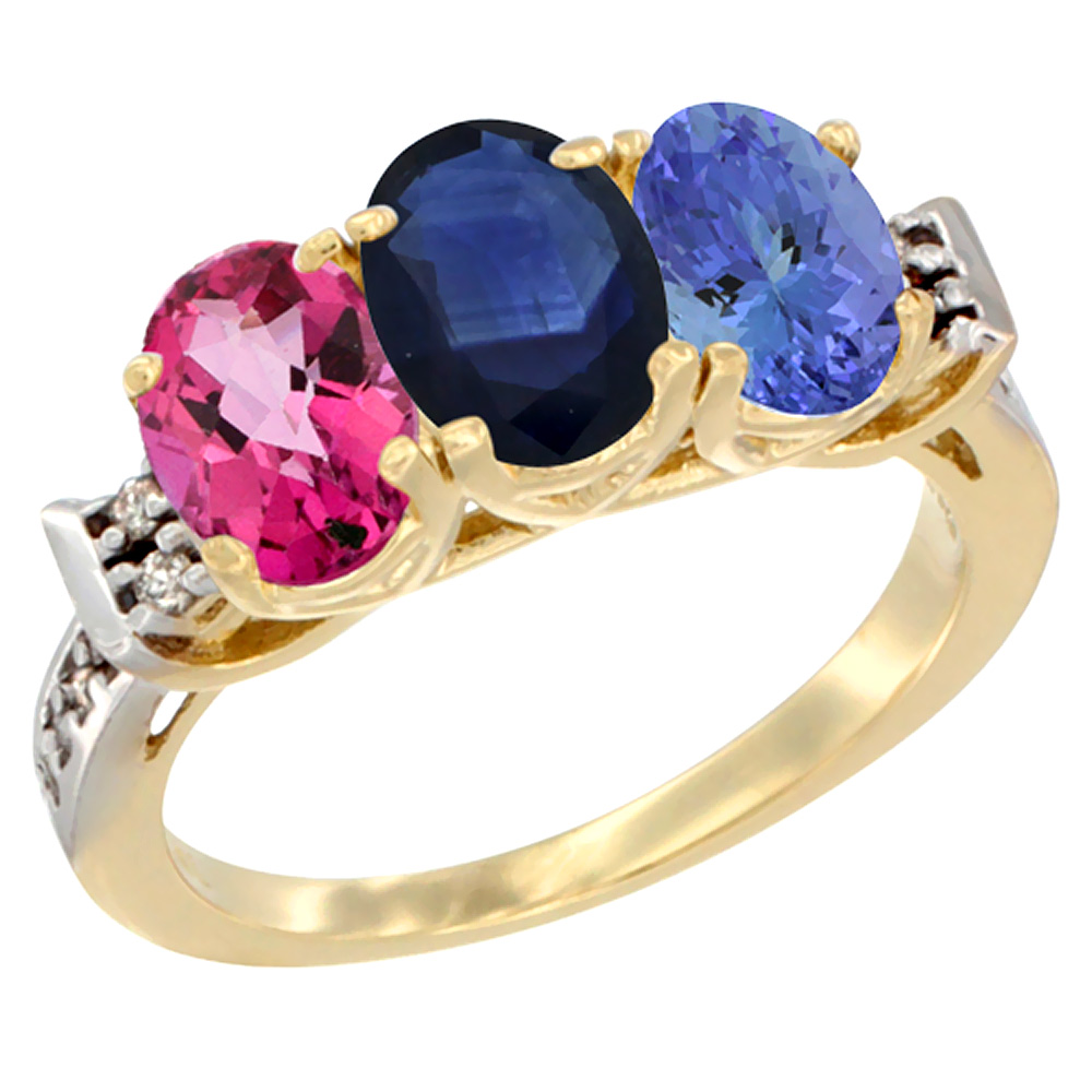 10K Yellow Gold Natural Pink Topaz, Blue Sapphire &amp; Tanzanite Ring 3-Stone Oval 7x5 mm Diamond Accent, sizes 5 - 10