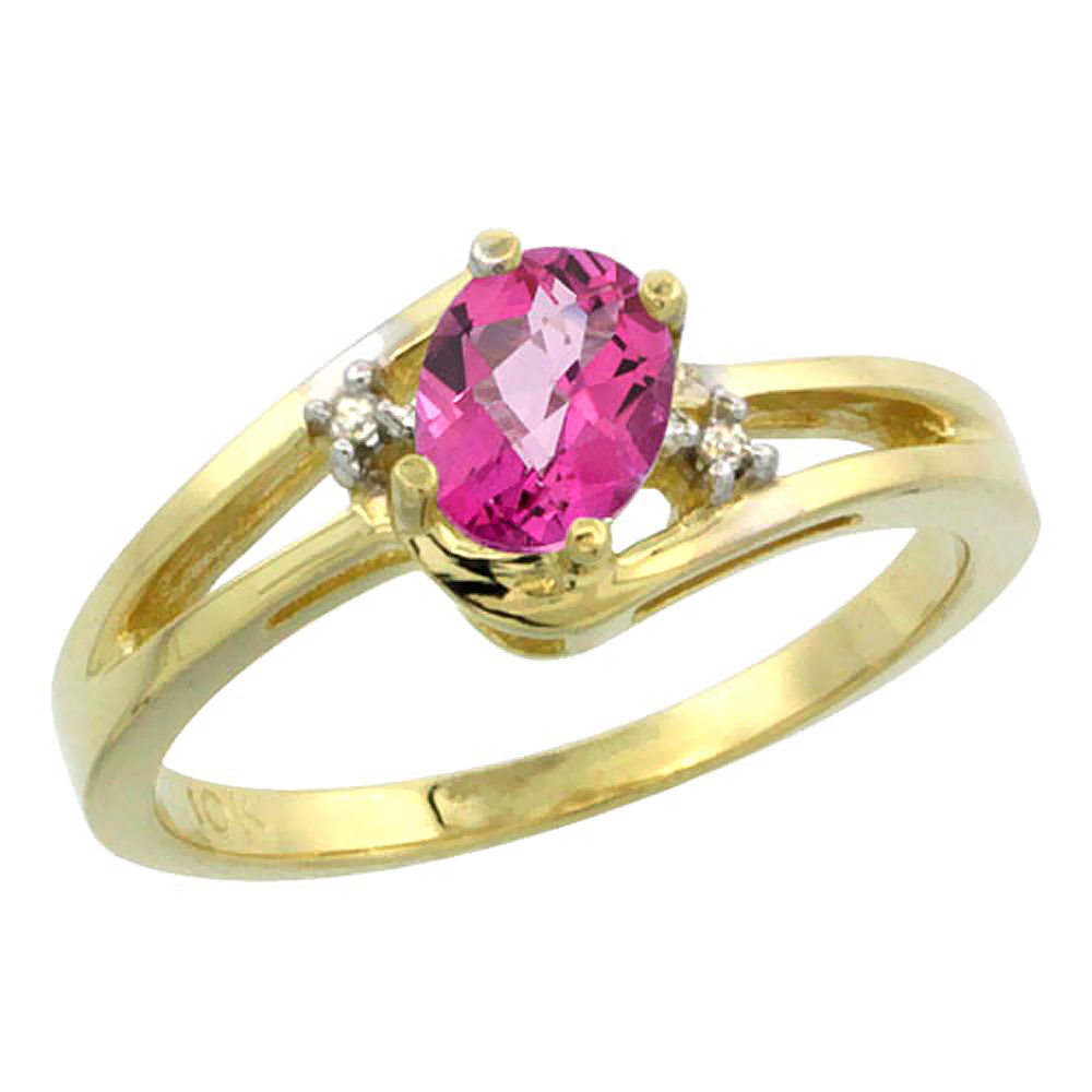 10K Yellow Gold Diamond Natural Pink Topaz Ring Oval 6x4 mm, sizes 5-10