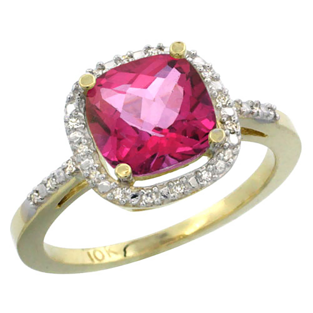 10K Yellow Gold Natural Pink Topaz Ring Cushion-cut 8x8mm Diamond Accent, sizes 5-10
