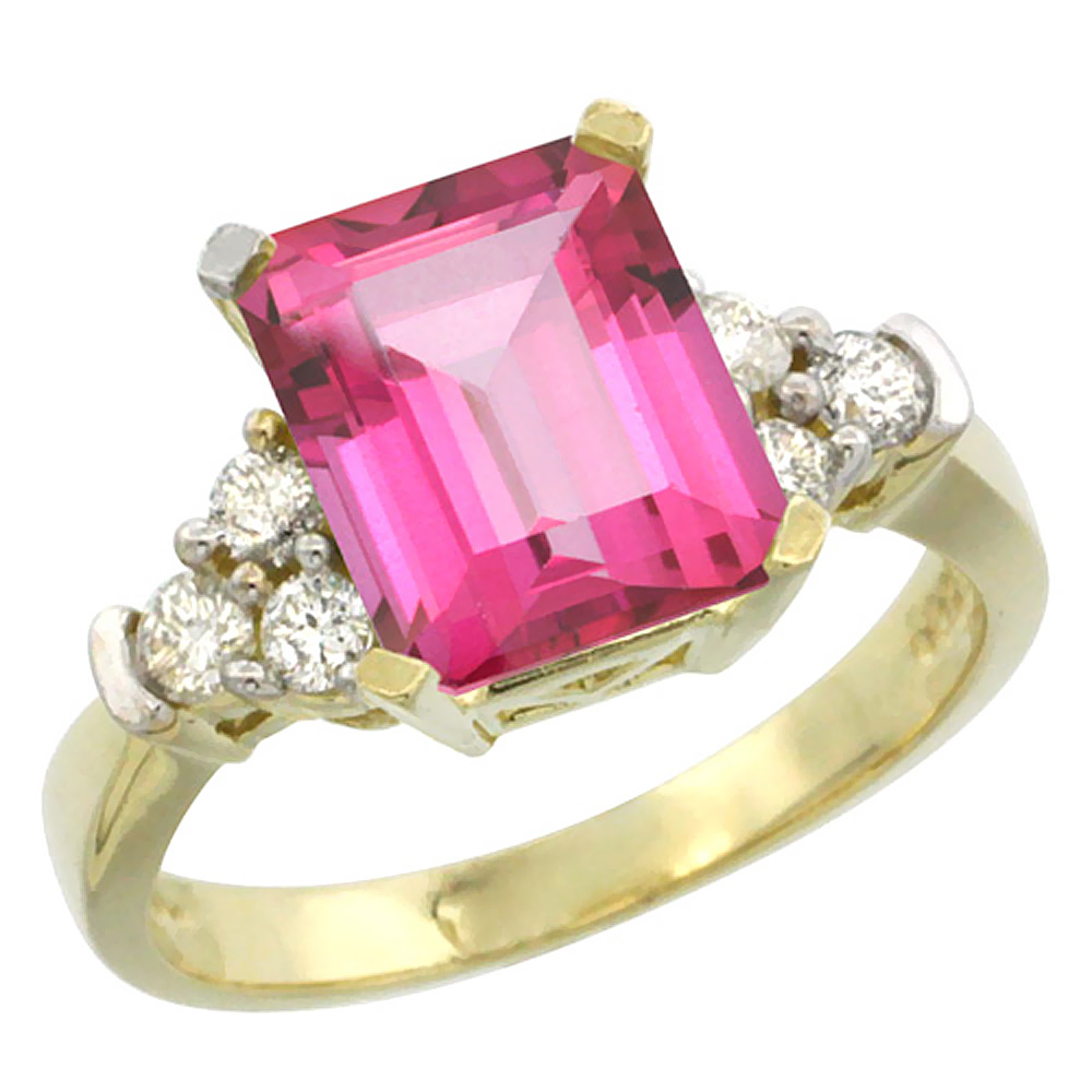 14K Yellow Gold Natural Pink Topaz Ring Octagon 9x7mm Diamond Accent, sizes 5-10