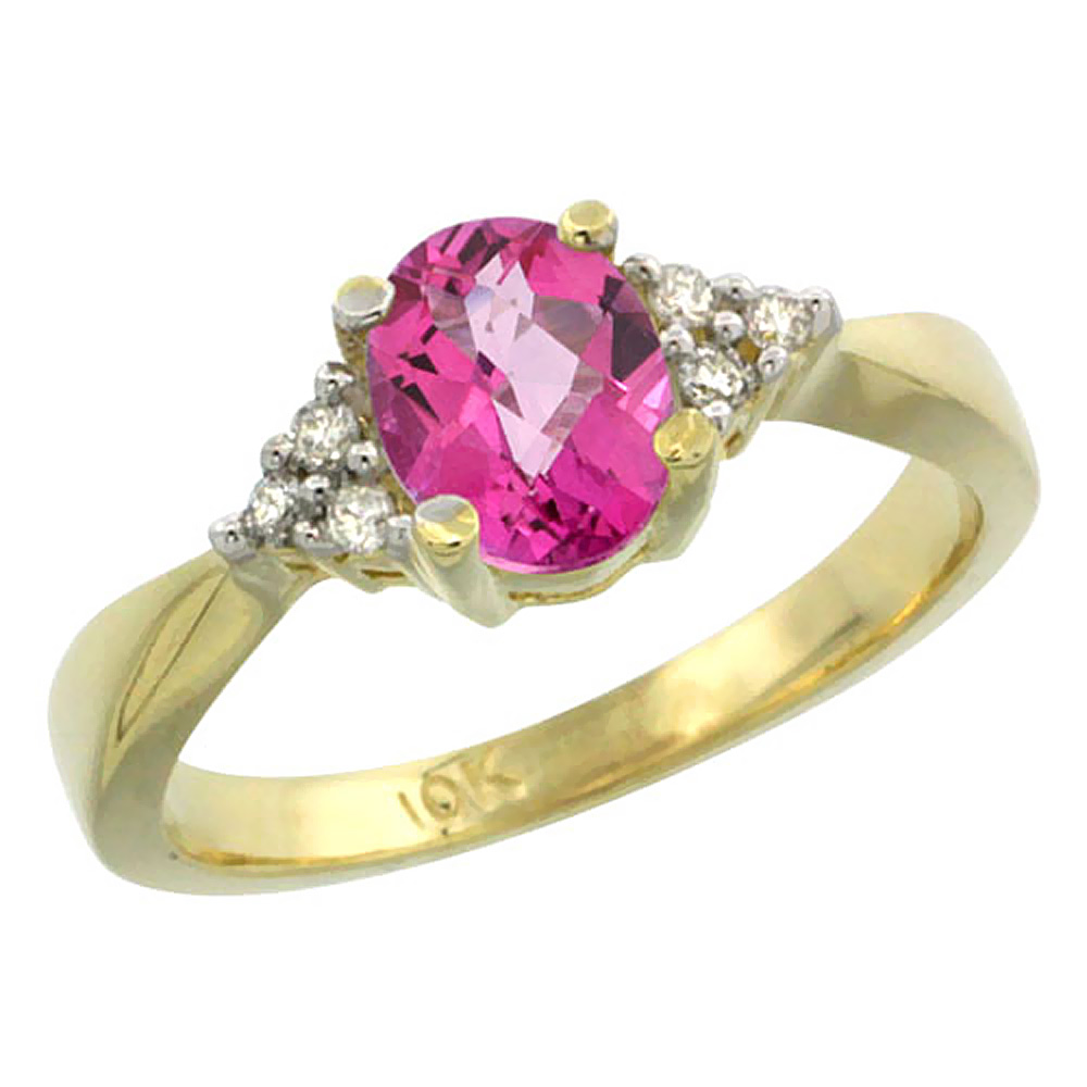 14K Yellow Gold Diamond Natural Pink Topaz Engagement Ring Oval 7x5mm, sizes 5-10