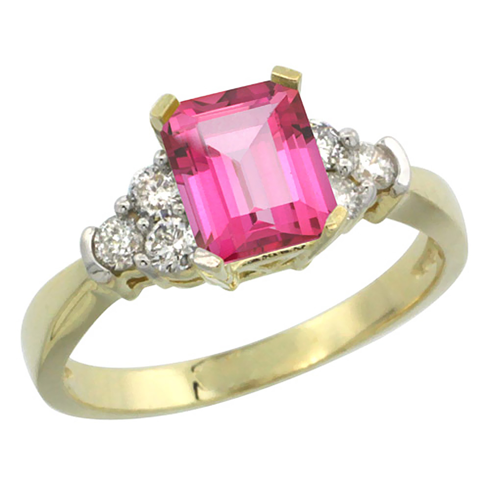 14K Yellow Gold Natural Pink Topaz Ring Octagon 7x5mm Diamond Accent, sizes 5-10