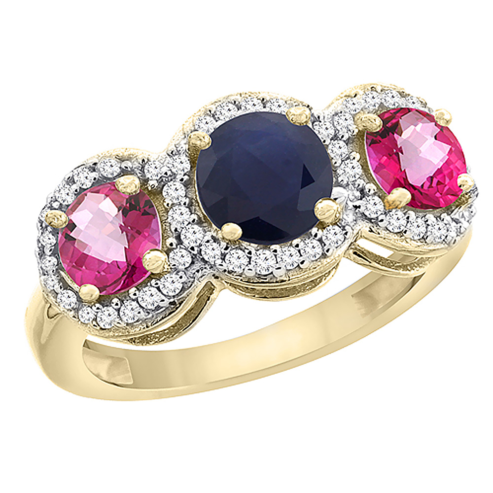 10K Yellow Gold Natural High Quality Blue Sapphire & Pink Topaz Sides Round 3-stone Ring Diamond Accents, sizes 5 - 10