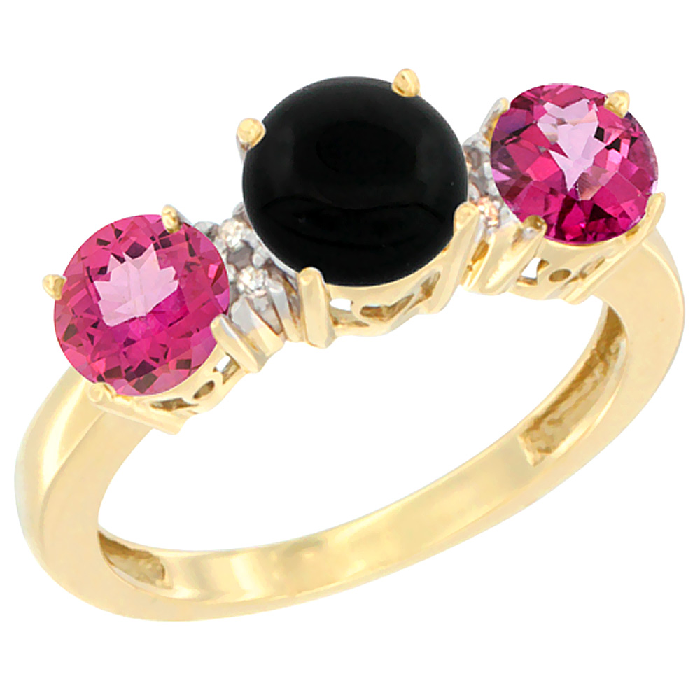 14K Yellow Gold Round 3-Stone Natural Black Onyx Ring & Pink Topaz Sides Diamond Accent, sizes 5 - 10