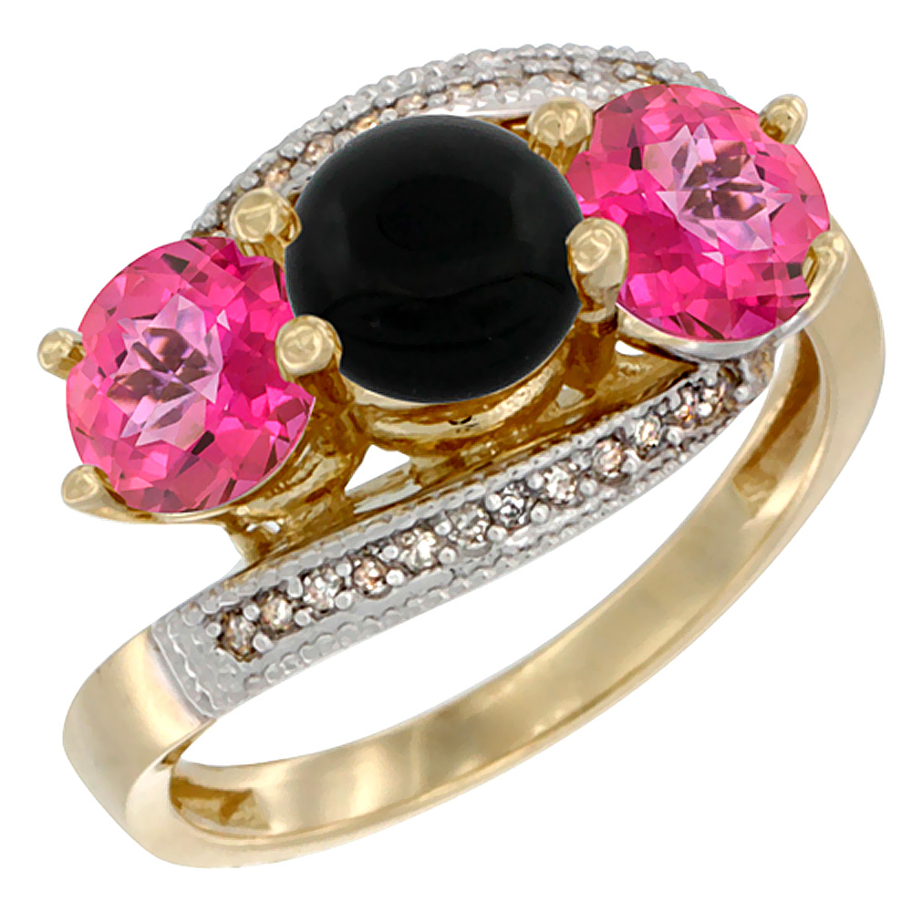 10K Yellow Gold Natural Black Onyx & Pink Topaz Sides 3 stone Ring Round 6mm Diamond Accent, sizes 5 - 10