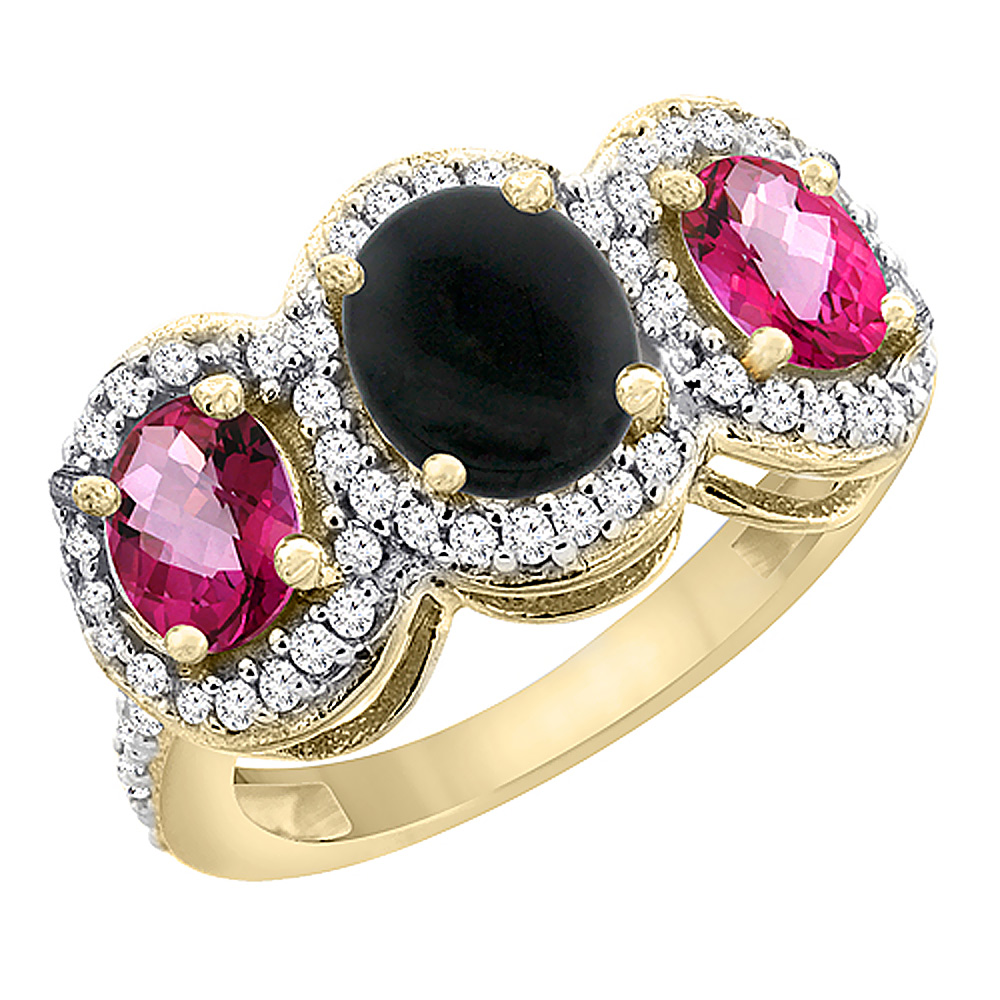 14K Yellow Gold Natural Black Onyx & Pink Topaz 3-Stone Ring Oval Diamond Accent, sizes 5 - 10