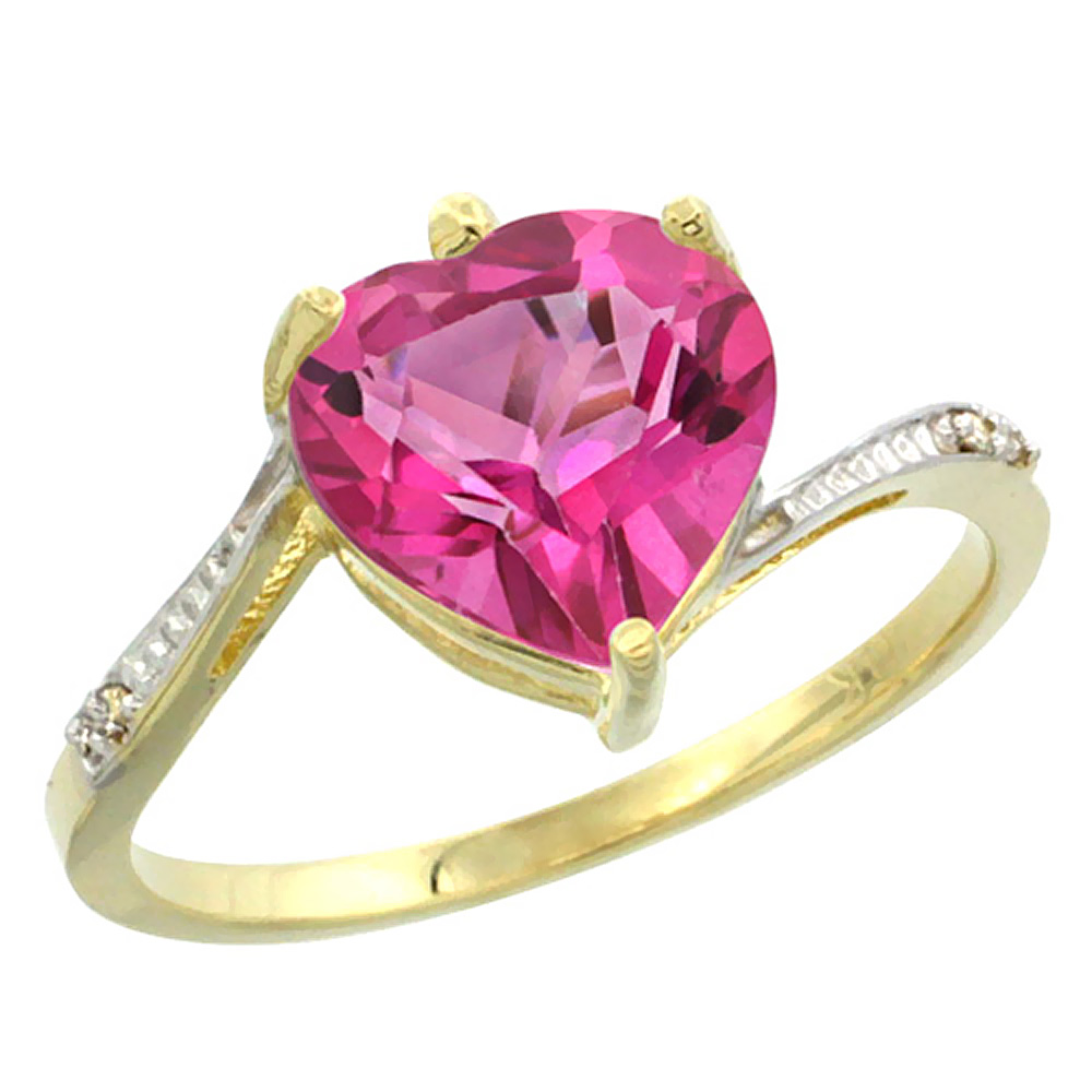 10K Yellow Gold Natural Pink Topaz Ring Heart 9x9mm Diamond Accent, sizes 5-10