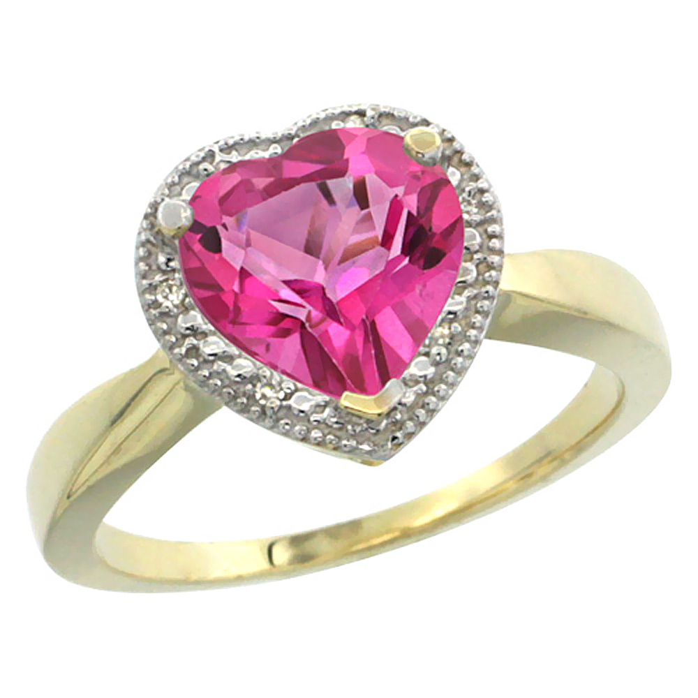 14K Yellow Gold Natural Pink Topaz Ring Heart 8x8mm Diamond Accent, sizes 5-10