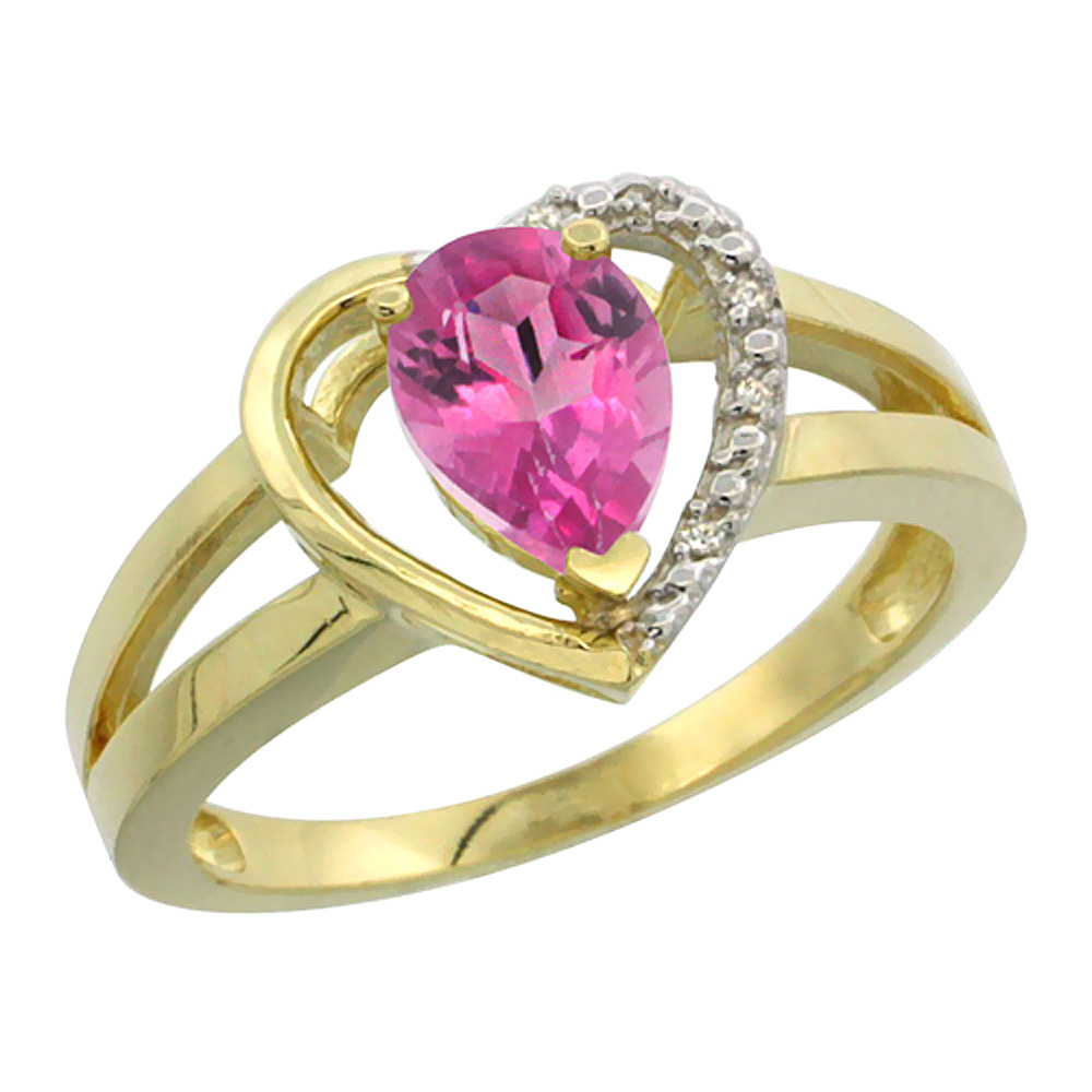 10K Yellow Gold Natural Pink Topaz Heart Ring Pear 7x5 mm Diamond Accent, sizes 5-10