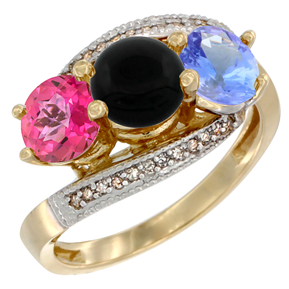 10K Yellow Gold Natural Pink Topaz, Black Onyx &amp; Tanzanite 3 stone Ring Round 6mm Diamond Accent, sizes 5 - 10