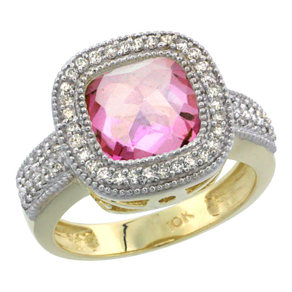 14K Yellow Gold Natural Pink Topaz Ring Cushion-cut 9x9mm Diamond Accent, sizes 5-10
