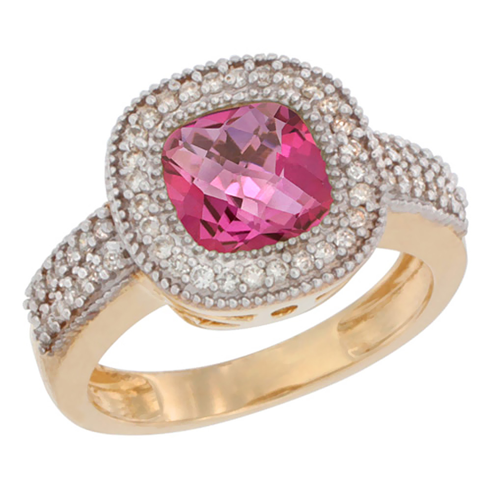 14K Yellow Gold Natural Pink Topaz Ring Cushion-cut 7x7mm Diamond Accent, sizes 5-10