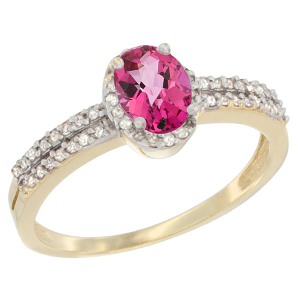14K Yellow Gold Natural Pink Topaz Ring Oval 6x4mm Diamond Accent, sizes 5-10