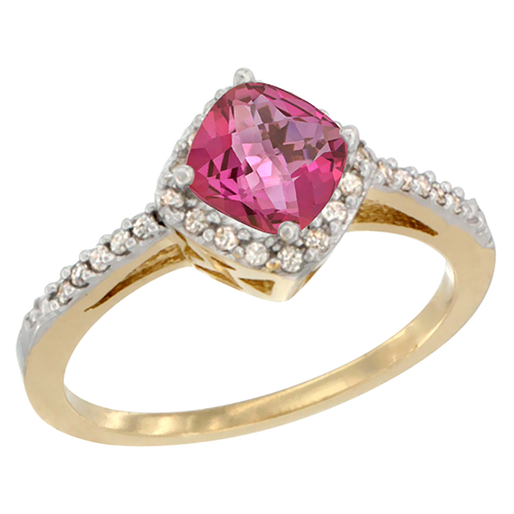 10K Yellow Gold Natural Pink Topaz Ring Cushion-cut 6mm Halo Diamond Accent, sizes 5 - 10