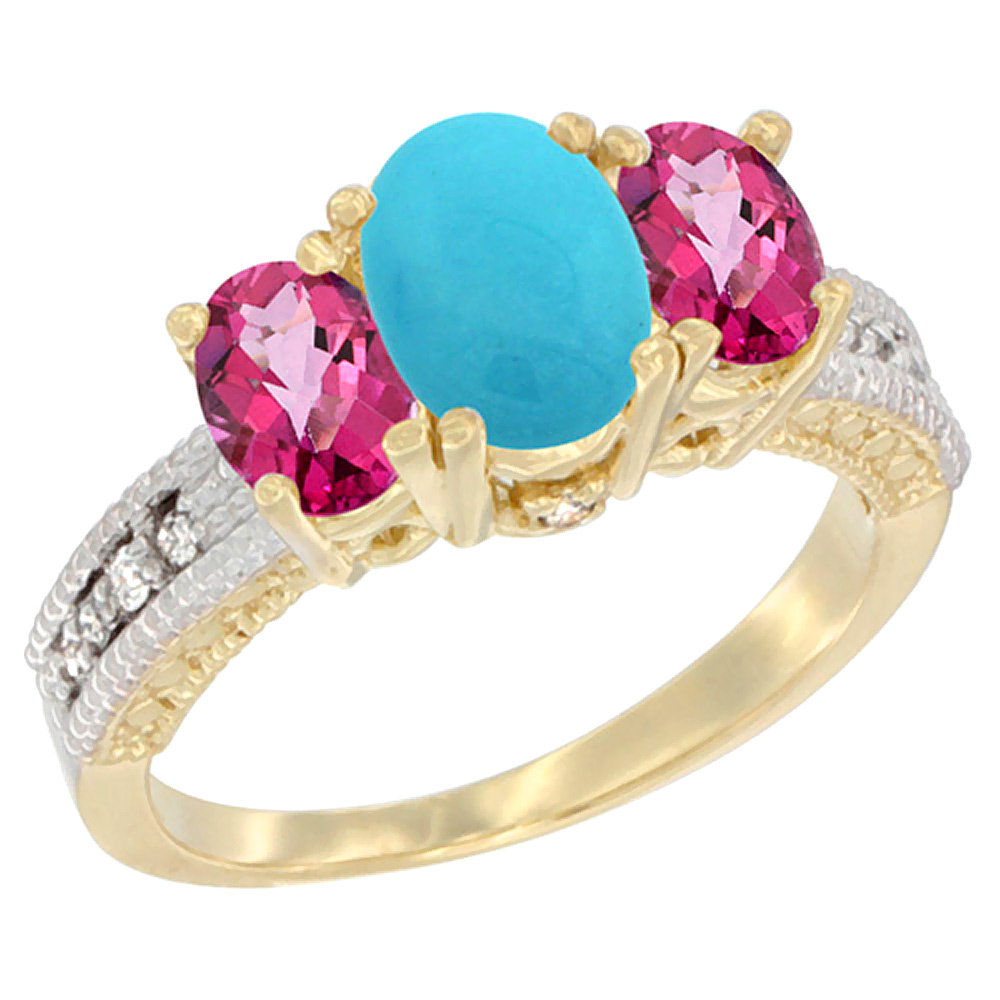 14K Yellow Gold Diamond Natural Turquoise Ring Oval 3-stone with Pink Topaz, sizes 5 - 10