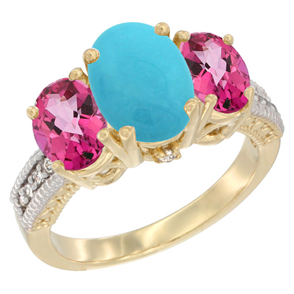 14K Yellow Gold Diamond Natural Turquoise Ring 3-Stone Oval 8x6mm with Pink Topaz, sizes5-10